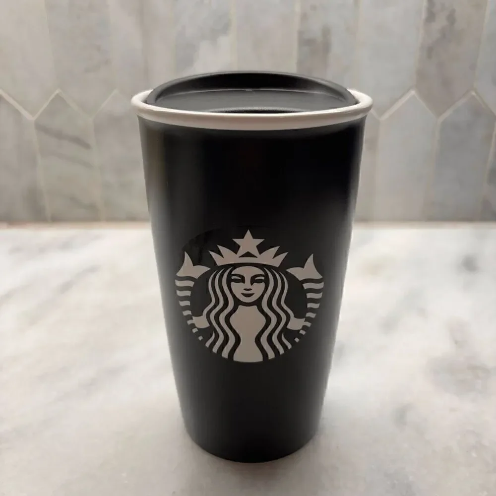 Vintage 2016 Starbucks Siren Mermaid Ceramic Travel Double Wall Tumbler 12oz Bla